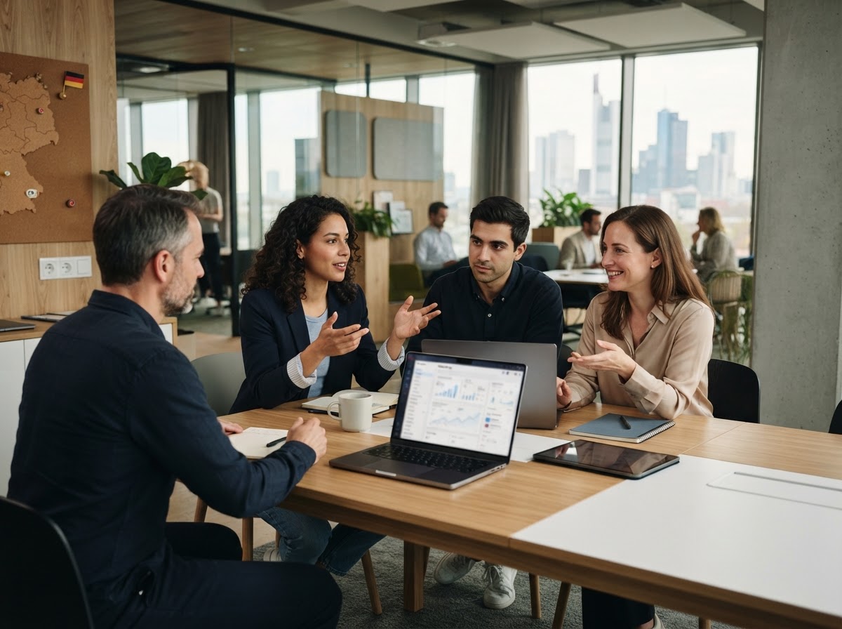 AI WEALTH Team bei der Analyse von Risikomodellen im Büro
